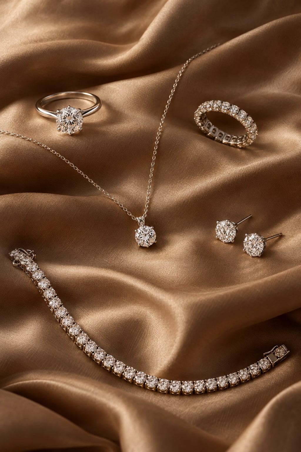 Five pieces of fine jewellery laid out on champagne silk